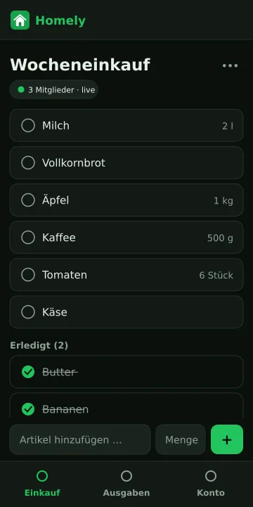 Homely-Einkaufsliste mit Artikeln und Mengen